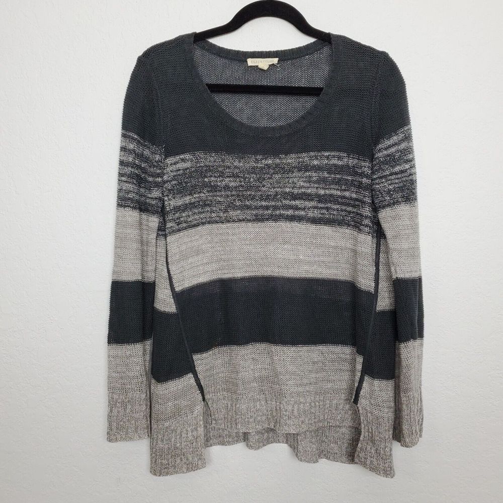 Eileen Fisher Womens Open Knit Top Size S Linen Striped Colorblock Scoop Neck